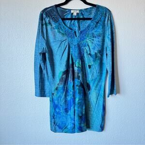 One World Blue Embroidered Rhinestone Y2K Tunic Blouse Womens L Maximalist Top